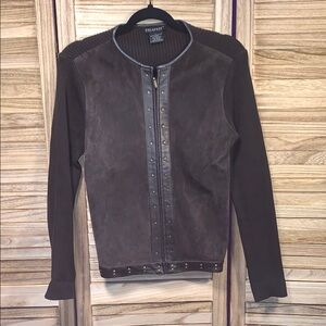 Escapada Brown Leather & Suede Fabric Jacket Ribbed Sweater Sleeves Size Large